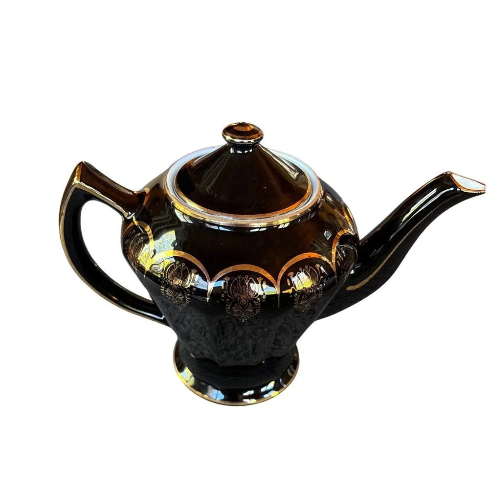 Hall China 0230 Black Gold Filigree 6 Cup Teapot Vintage Made in USA Ceramic